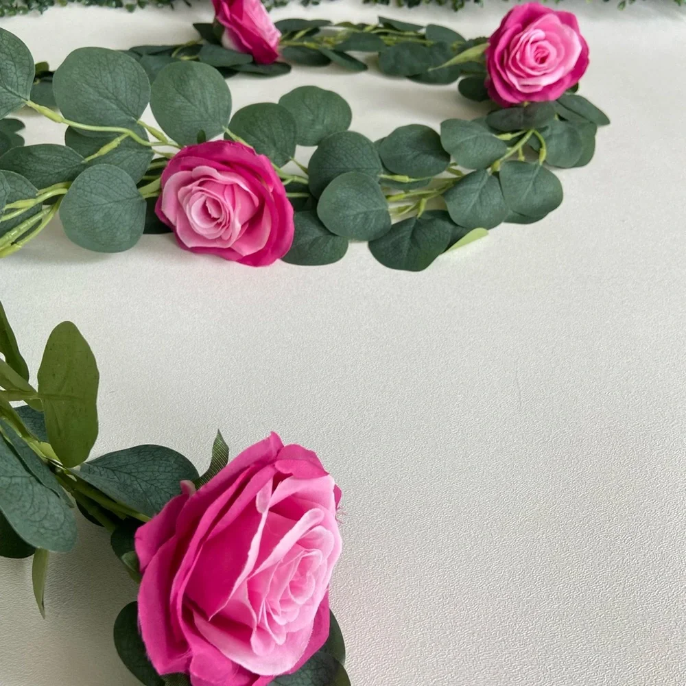 2 count Fuchsia Hot Pink Rose Eucalyptus Garlands 6 feet